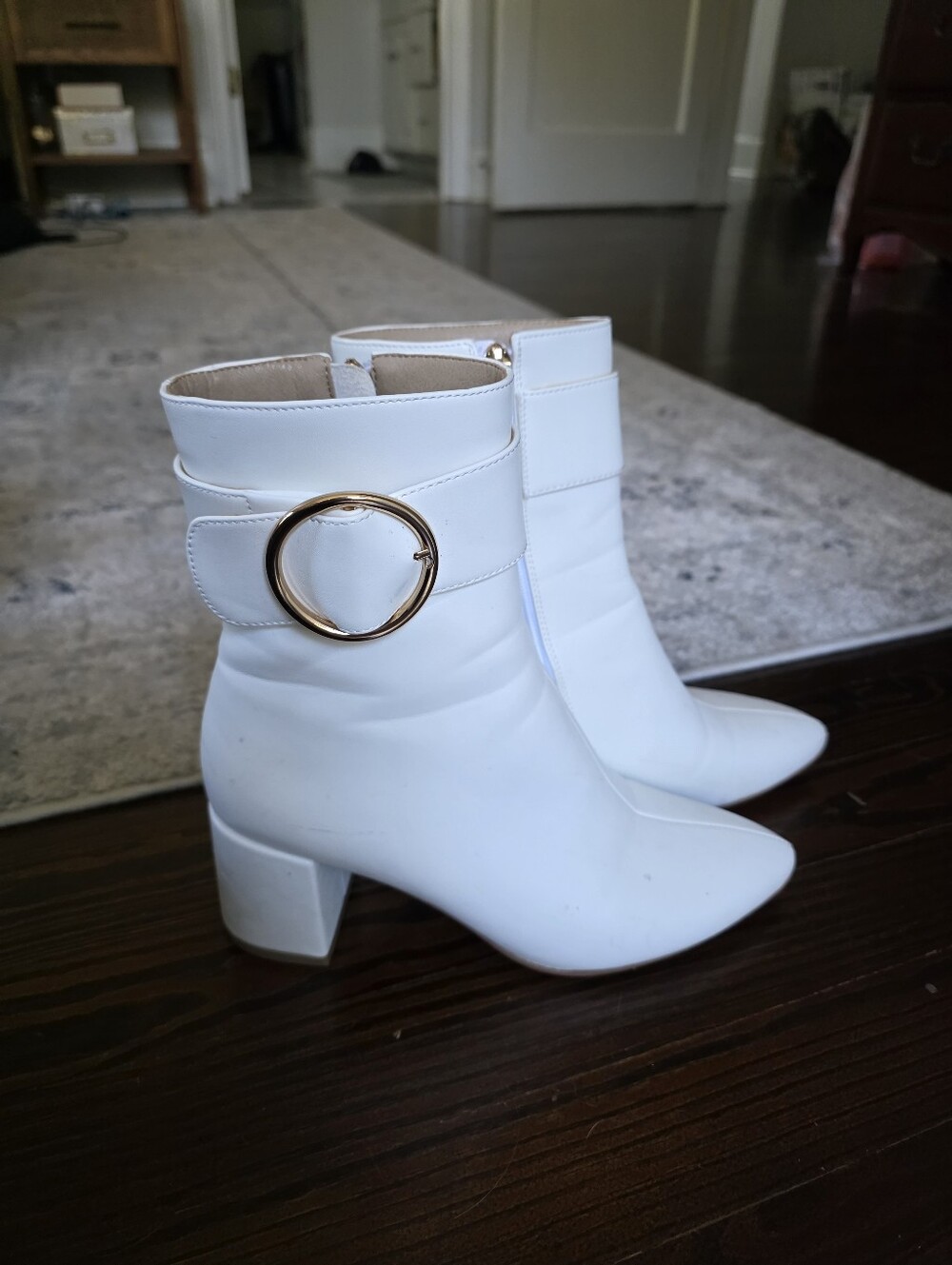 White Block Heel Boots with Gold Buckle